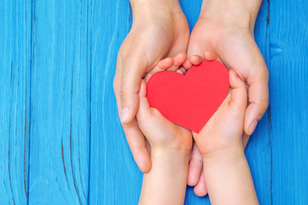 istock Child and dad hands holding red heart. 1225764386