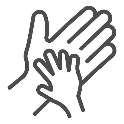 Child palm in adult hand line icon, 1st june Children protection day concept, Parent and kid hands sign on white background, outline style for mobile concept and web design. Vector graphics