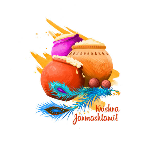 ilustrações de stock, clip art, desenhos animados e ícones de krishna janmashtami digital art illustration. annual hindu festival in india. birth of krishna holiday greeting card, poster, brochure, leaflet, cover, layout template. graphic design clipart mock-up - buddhist puja