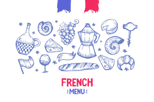 French banner design with flag, france frame, doodle hand drawn croissant, paris decoration, cafe banner French banner design with flag, france frame, doodle hand drawn croissant, paris decoration, cafe banner. eiffel tower restaurant stock illustrations