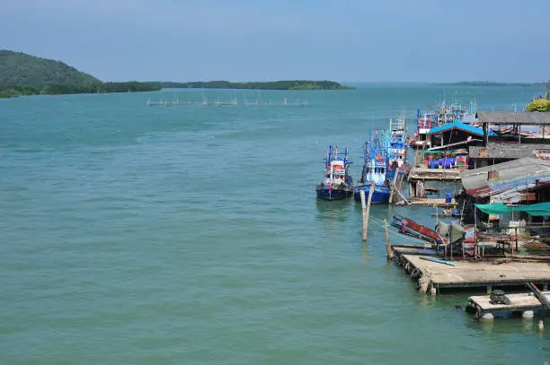 Photo of Fishing boat floating on the water blue. Thailand