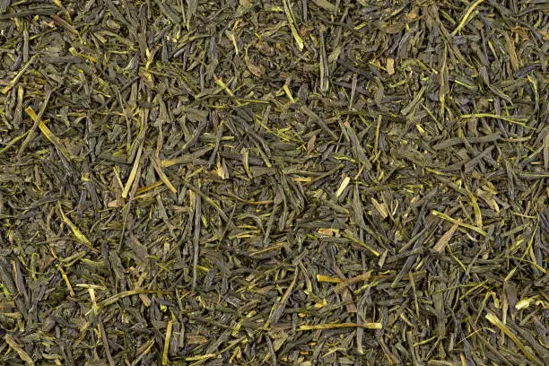 Dried green tea leaves background. Sencha is one of the most popular type of green tea.