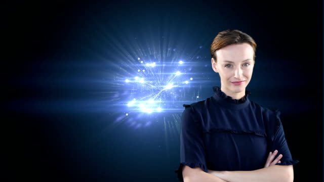 Animation of  Caucasian woman looking determined over a globe of shining dots spinning