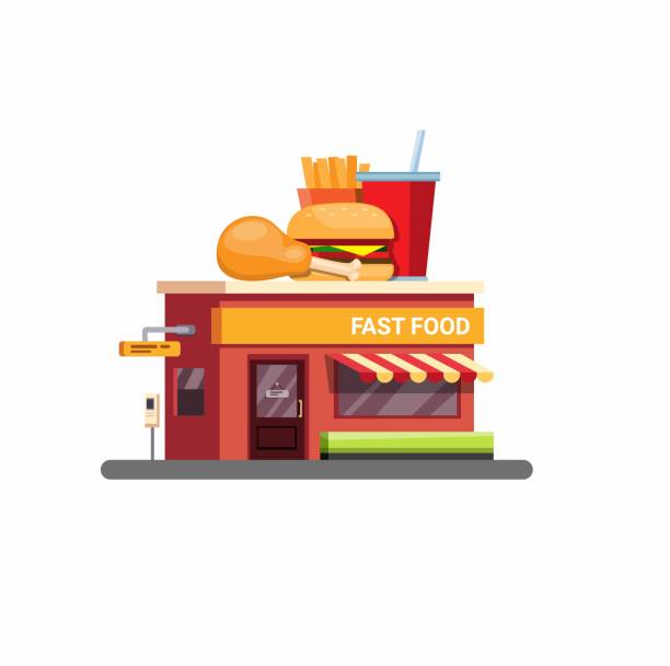 fast-food-restaurantgebäude mit drive-thru-service im flachen stil illustration vektor isoliert in weißem hintergrund - city chicken stock-grafiken, -clipart, -cartoons und -symbole