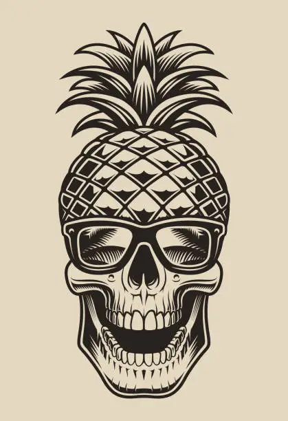 Vector illustration of Black and white vector illustration of a skull in the form of pineapple.