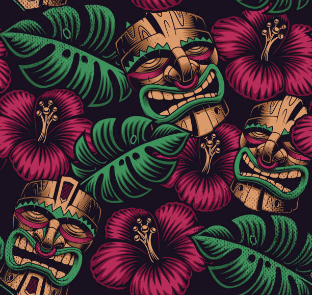 illustrazioni stock, clip art, cartoni animati e icone di tendenza di motivo a colori senza cuciture con una maschera tiki - polynesia