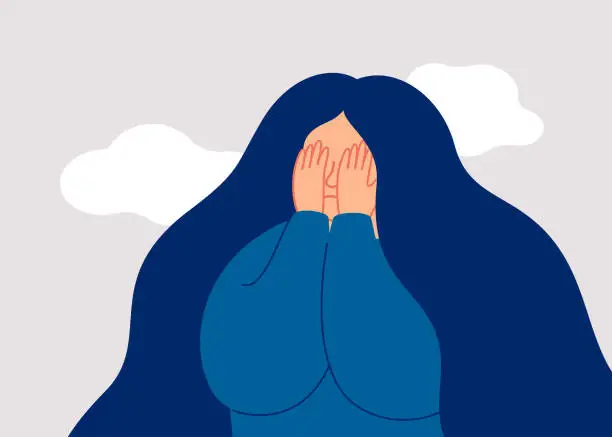 Vector illustration of Sad female adolescent covers her face with palms.