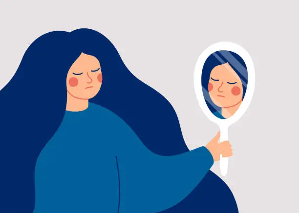 Vector illustration of A young woman looks at her reflection in the mirror with sadness.