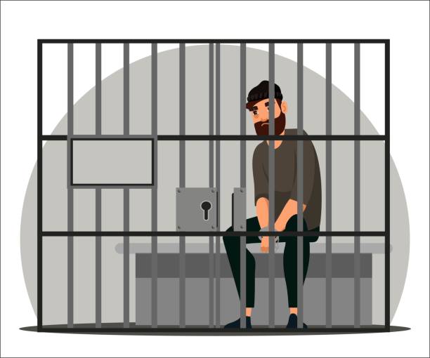Vector character illustration work of police department scene Work of police department scene. Sad arrested man in handcuffs sitting behind camera grid. Criminal offense, punishment of thief or attacker, legal imprisonment in prison. Vector character illustration prison illustrations stock illustrations
