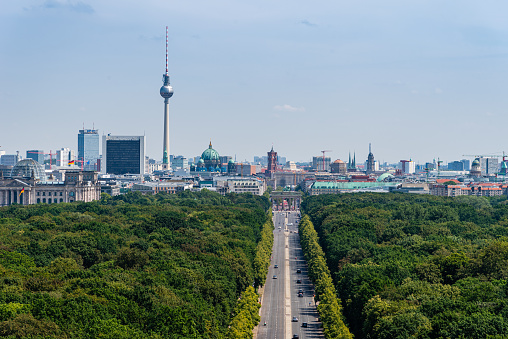 Berlin, Germany - July 28, 2019: Aerial view of Tiergarten Park and main landmarks of city of Berlin, Germany.