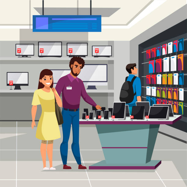 illustrazioni stock, clip art, cartoni animati e icone di tendenza di assistente di negozio che mostra il telefono al cliente donna - shopping supermarket department store women