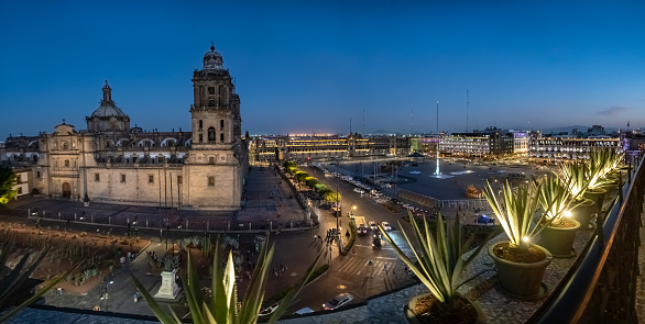 Zocalo square and Metropolitan cathedral of Mexico city at night