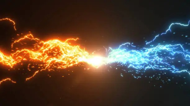 Photo of Fire and Ice. Thunder and electric style with spark concept design on black background