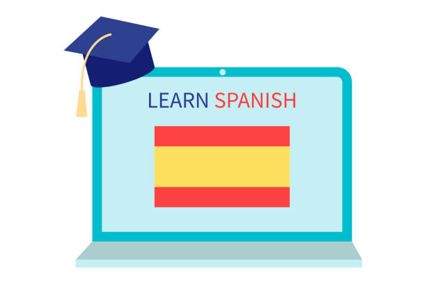 ilustrações, clipart, desenhos animados e ícones de ensino online de espanhol, conceito de educação a distância. treinamento de idiomas e cursos. estudando línguas estrangeiras em um site em um laptop. vetor em design plano. - spanish culture teacher learning text