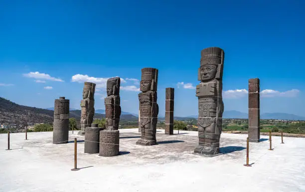 Toltec Warriors or Atlantes columns at Pyramid of Quetzalcoatl in Tula, Mexico