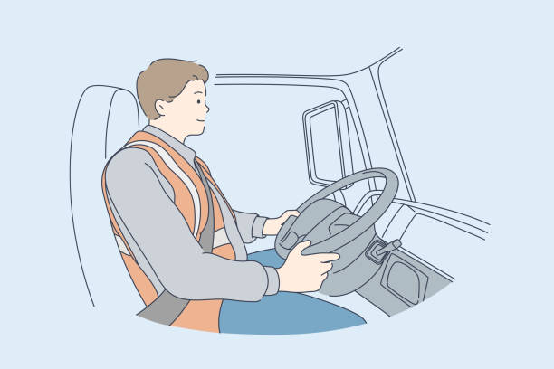 Delivery, trucking industry, driving concept Delivery, driving concept. Young man or boy car driver cartoon character. Truck driver sitting in cabin of vehicle looks on road. Delivering services transportation and trucking industry illustration. truck driver stock illustrations