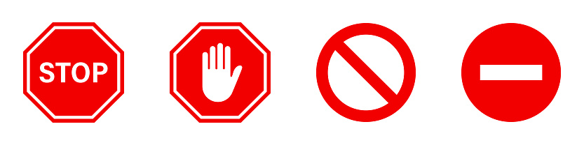 Stop red road signs. Vector isolated illustration. Red vector signs with hand symbols isolated on white background. EPS 10
