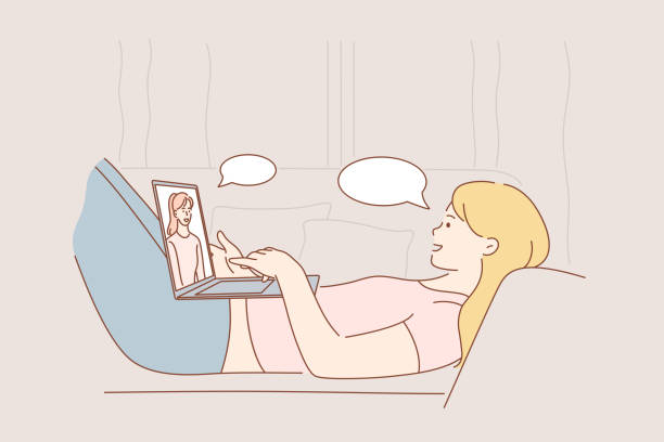 Communication, online, freelance, video conference business concept. Communication, freelance, video conference business concept. Young woman or girl freelancer cartoon character lying on couch at home talking with friend online. Remote work at isolation illustration. lying friends quotes stock illustrations