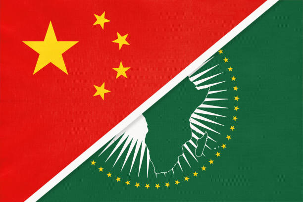 People's Republic of China or PRC and African Union national flag from textile. Symbol of the African continent. People's Republic of China or PRC and African Union national flag from textile. Symbol of the assembly of the African continent. prc stock illustrations