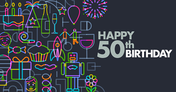 Birthday Greeting Icons in a geometric flat style, 50th,