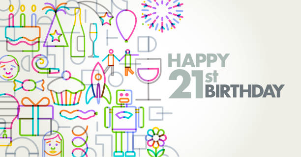 Birthday Greeting Birthday Greeting Icons in a geometric flat style, 21st, 21st birthday stock illustrations
