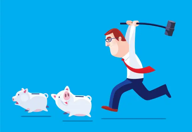 Vector illustration of businessman chasing piggy bank