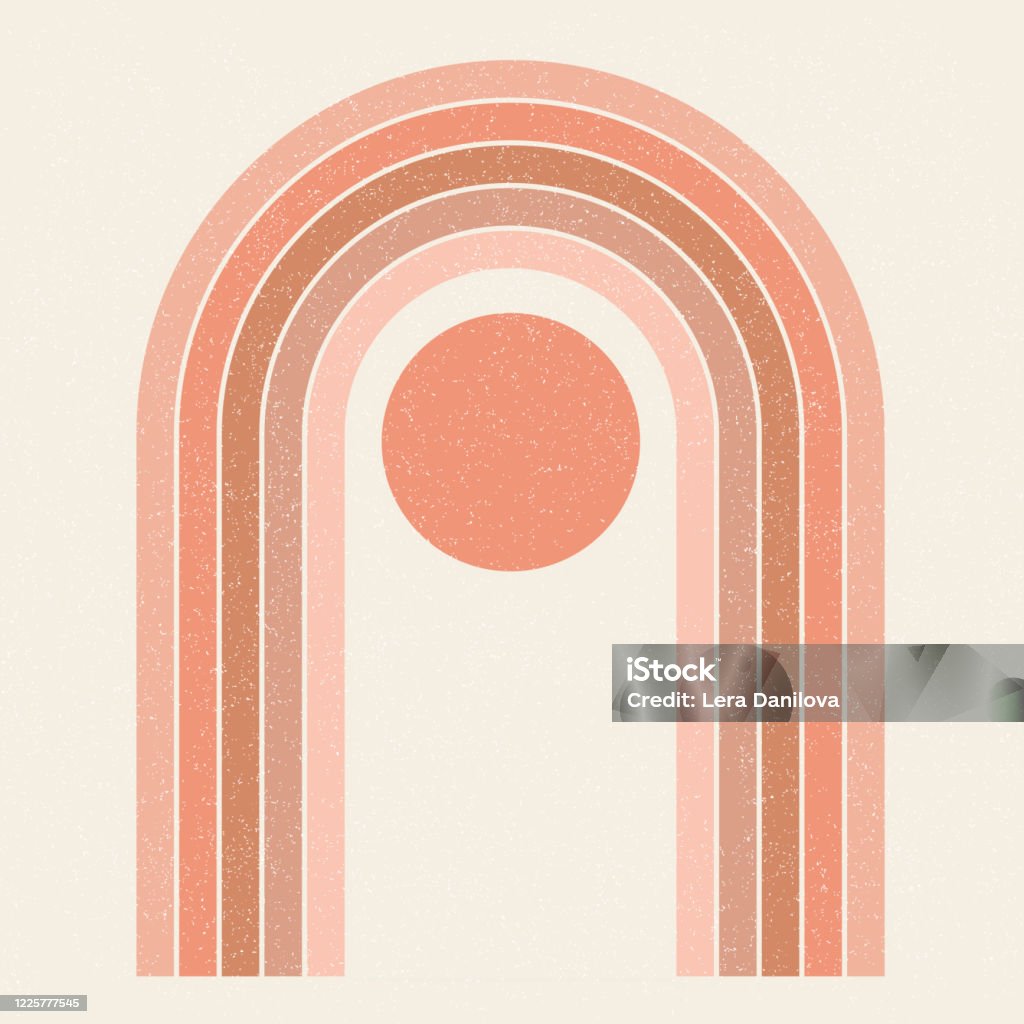Abstract contemporary aesthetic background with Sun and geometric rainbow gates. Terracotta colors. Boho wall decor. Mid century modern minimalist art print. Organic natural shape. Magic concept. Vector illustration Arch - Architectural Feature stock vector