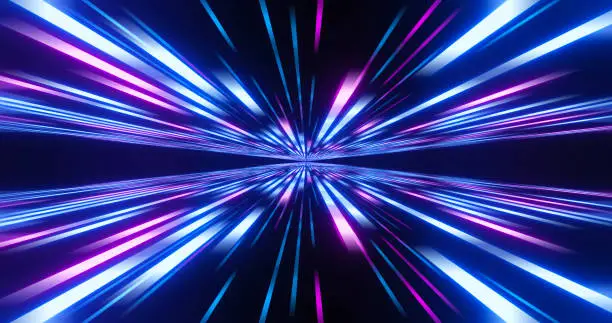 Photo of Abstract image of high speed. Pink blue lines composition. Abstract glow neon lines and stripes. Abstract background with flying neon glowing stripes. Motion 3d illustration