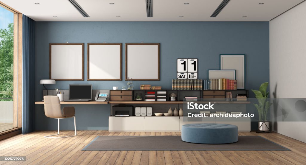 Work at home in a large white and blue room Work at home in a large room with desk and sideboard against blue wall - 3d rendering
Note: the room does not exist in reality, Property model is not necessary Office Stock Photo