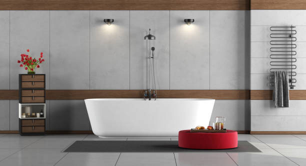istock Minimalist bathroom with bathtub and shower 1225779290