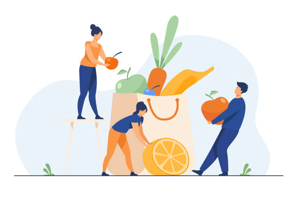 People keeping healthy diet People keeping healthy diet. Man and woman packing paper bag with fresh fruit and vegetables. Vector illustration for organic nutrition, dietitian, vegan or vegetarian food concept supermarket illustrations stock illustrations