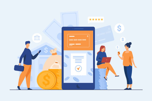 People with smartphones using mobile banking app People with smartphones using mobile banking app. Man and woman with digital devices making online payment. Vector illustration for money, fintech, transaction concept financial technology stock illustrations
