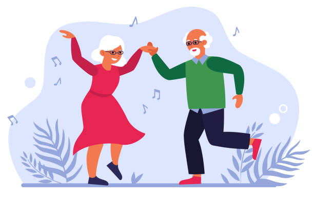 Funny elderly couple dancing Funny elderly couple dancing flat vector illustration. Cartoon old people having fun together. Lifestyle, party and activity concept old people dancing stock illustrations