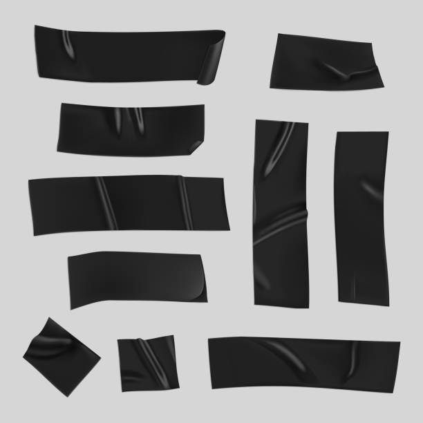 istock Black duct tape set. Realistic black adhesive tape pieces for fixing isolated on gray background. Scotch paper glued. Realistic 3d vector illustration 1225783709