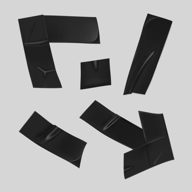 istock Black duct tape set. Realistic black adhesive tape pieces for fixing isolated on gray background. Scotch arrow, corner and paper glued. Realistic 3d vector illustration 1225783728