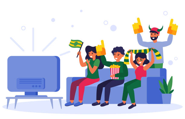 Football fans watching TV match Football fans watching TV match flat vector illustration. Cartoon man and woman sitting on couch, cheering and having fun during soccer match on TV. Sport and entertainment concept men watching soccer game stock illustrations