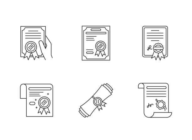 Certificates pixel perfect linear icons set. Diploma. License. Education. Achivement. Customizable thin line contour symbols. Isolated vector outline illustrations. Editable stroke Certificates pixel perfect linear icons set. Diploma. License. Education. Achivement. Customizable thin line contour symbols. Isolated vector outline illustrations. Editable stroke bachelor's degree stock illustrations
