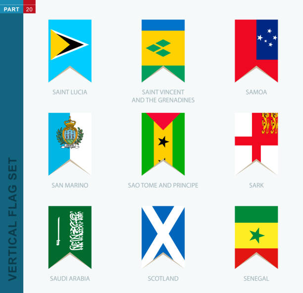 ustawiono dziewięć wektorowych flag pionowych. ikona pionowa z flagą. - england senegal stock illustrations