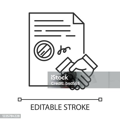 istock Conclusion of contract pixel perfect linear icon. Legal agreement. Business deal. Partnership. Thin line customizable illustration. Contour symbol. Vector isolated outline drawing. Editable stroke 1225784228