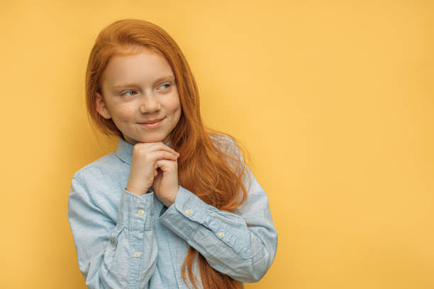 istock cute caucasian girl look side, isolated 1225784678