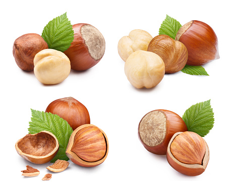 Collection of delicious hazelnuts with leaves, isolated on white background