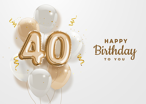 Happy 40th birthday gold foil balloon greeting background. 40 years anniversary logo template- 40th celebrating with confetti. Vector stock.