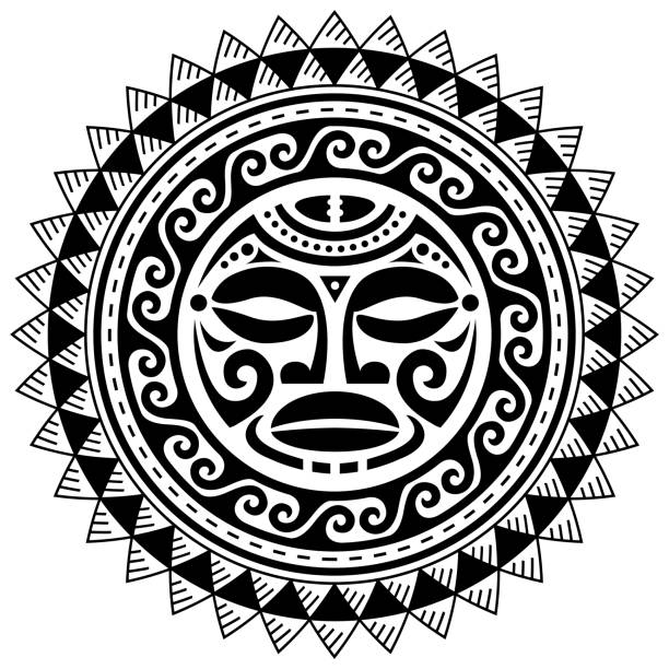 illustrazioni stock, clip art, cartoni animati e icone di tendenza di mandala polinesiano con motivo vettoriale tatuaggio viso maori, design tribale hawaiano ispirato all'arte arte geometrica tradizionale - polynesia