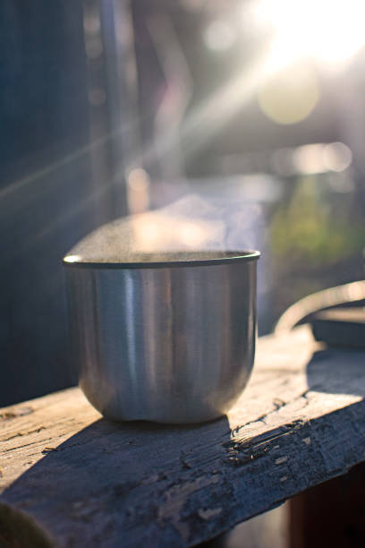 istock Metal cup with hot drink on wooden board over forest background. 1225790301
