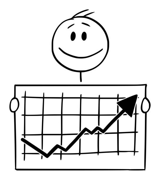 vektor-cartoon-illustration von lächelnden glücklichen mann oder geschäftsmann holding wachsende oder steigende finanzdiagramm oder diagramm - stock exchange chart stock market investment stock-grafiken, -clipart, -cartoons und -symbole