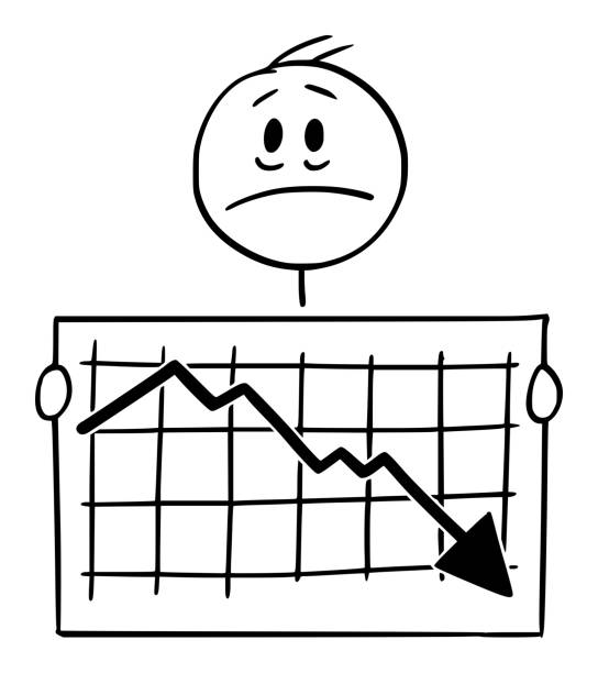 vektor-cartoon-illustration von unglücklichen mann oder geschäftsmann holding fallenden finanzgraph oder diagramm - stock exchange chart stock market investment stock-grafiken, -clipart, -cartoons und -symbole