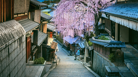Panorama of Historic Higashiyama district, Kyoto in Japan. Vintage tone.