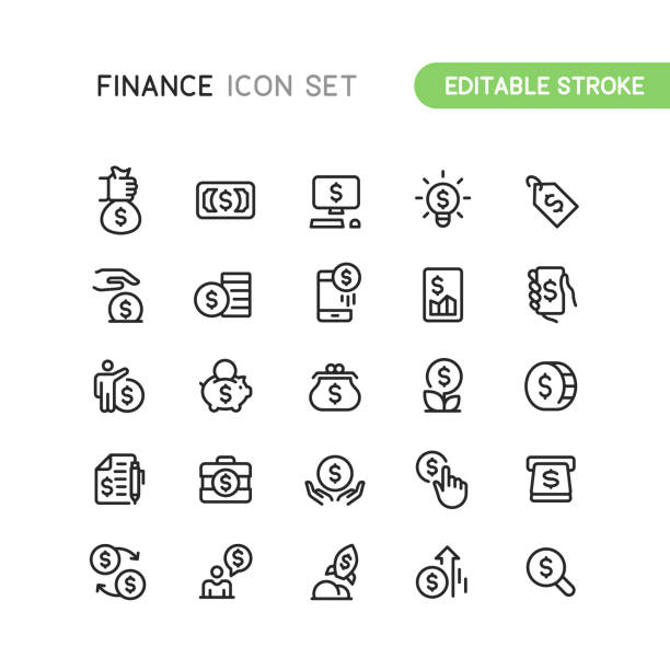 ilustraciones, imágenes clip art, dibujos animados e iconos de stock de finanzas dinero negocio esquema iconos editables stroke - dollar sign