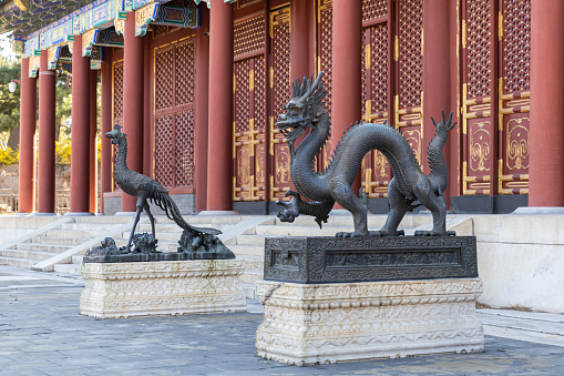 Beijing Summer Palace Chinese dragon and phoenix bronze statue in front of the palace