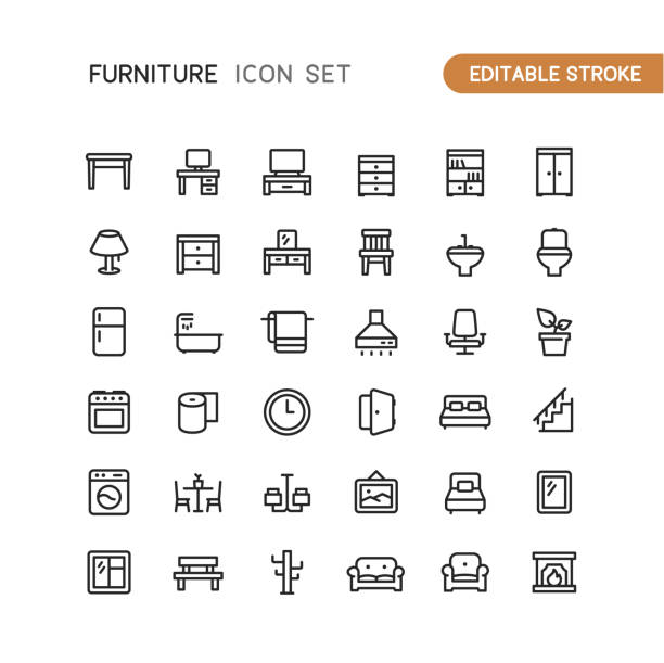 ilustraciones, imágenes clip art, dibujos animados e iconos de stock de iconos de contorno de muebles trazo editable - cabinet